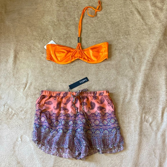 GYPSY05 Boho,100%Silk Sheer Paisley Drawstring Waist Pocket Shorts - Picture 4 of 17